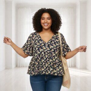 2/$15 Full Circle Trends Floral Peplum Babydoll Top XL Bell Sleeve Cottagecore